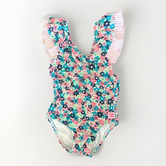Ruffle Butts Size 2T Floral Seersucker Ruffle Sleeve One Piece Swim Suit - Picture 1 of 7